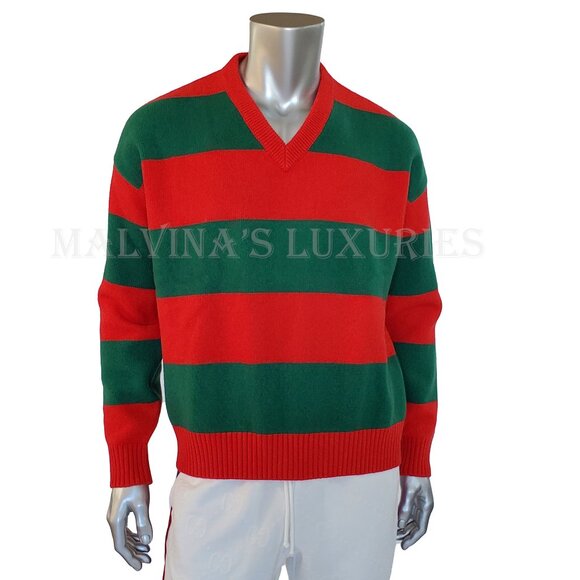 GUCCI MENS SWEATER RED GREEN FELTED WOOL STRIPED PULLOVER V-NECK - Picture 9 of 16